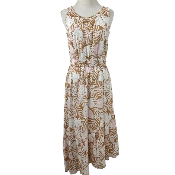 SO Dresses & Skirts - SO Sleeveless Tropical Leaf Midi Dress XL Brown White Pink Cotton Viscose Boho